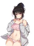  1girl :t absurdres ahoge bare_shoulders bikini black_choker black_hair choker counter_side cowboy_shot frilled_bikini frills grey_jacket groin halterneck hands_on_own_chest highres jacket long_hair long_sleeves looking_at_viewer maett navel off_shoulder open_clothes open_jacket pink_bikini pout red_eyes side-tie_bikini solo stomach string_bikini sweatdrop swimsuit thigh_gap tied_hair white_bikini xiao_lin 