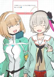  absurdres black_flower brown_hair cardigan flower green_cardigan grey_hair hair_flower hair_ornament hairband heaven_burns_red highres long_sleeves masumidashirasu minase_sumomo multiple_girls ooshima_muua rose sailor_collar short_hair trait_connection white_sailor_collar 