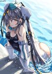  1girl akasaka4005 aqua_headwear ass black_ribbon black_swimsuit competition_swimsuit cowboy_shot garrison_cap gloves grey_eyes grey_hair hair_ornament hair_ribbon hat highres kantai_collection long_hair looking_at_viewer one-piece_swimsuit ribbon scamp_(kancolle) shorts side_ponytail solo star_(symbol) star_hair_ornament swimsuit water white_gloves white_shorts 