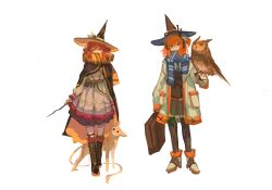  2girls a.i._voice adachi_rei belt bird black_hair black_shirt black_skirt black_socks blue_necktie blue_scarf boots breasts cape cat covered_mouth cross-laced_footwear drill_hair glasses grey_jacket grey_skirt hair_between_eyes hair_ribbon harry_potter_(series) hat highres jacket kasane_teto kasane_teto_(sv) kneehighs lace-up_boots layered_sleeves mao206327 medium_breasts multiple_girls necktie open_clothes open_jacket orange_belt orange_eyes orange_hair over-kneehighs owl red_eyes red_scarf red_skirt red_socks redhead ribbon scarf shirt side_ponytail simple_background skirt skirt_set socks solo staff_(music) standing striped_cape synthesizer_v thigh-highs twin_drills utau wand white_background white_footwear white_jacket white_ribbon witch_hat wizarding_world yellow_ribbon 