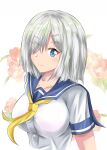  1girl absurdres blue_eyes blue_sailor_collar breasts collarbone eyes_visible_through_hair floral_background hair_ornament hair_over_one_eye hairclip hamakaze_(kancolle) highres kantai_collection large_breasts looking_at_viewer neckerchief nipa_(graf_xsr900) sailor_collar school_uniform serafuku shirt short_hair short_sleeves silver_hair solo upper_body white_background white_shirt yellow_neckerchief 