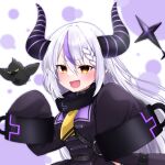  1girl bird blush braid coat eyebrows_visible_through_hair hair_between_eyes highres hololive horns la+_darknesss long_hair looking_at_viewer multicolored_hair pointy_ears purple_hair silver_hair simple_background sleeves_past_wrists smile solo streaked_hair virtual_youtuber yellow_eyes 