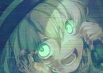  1girl bangs crazy_eyes green_eyes green_hair green_theme hair_between_eyes hat hat_ribbon holding holding_phone komeiji_koishi looking_at_viewer open_mouth phone portrait ribbon sekisei_(superego51) short_hair solo symbol-only_commentary teeth touhou 