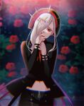  azuma_kei black_jacket black_pants blurry blurry_background facial_mark flower hair_over_one_eye headpiece highres jacket long_hair long_sleeves looking_at_viewer navel open_mouth outdoors pants red_eyes red_nails standing veuve_elizabeth visual_prison white_hair 