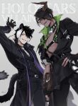  2boys abs absurdres animal_ear_fluff animal_ears aragami_oga arm_up bangs belt belt_pouch black_coat black_gloves black_hair black_pants buttons choker coat copyright_name dark-skinned_male dark_skin double-breasted eyebrows_behind_hair eyepatch fingernails formal fur-trimmed_coat fur_trim gloves green_eyes grey_background grin hair_over_one_eye half_gloves hand_on_hip highres holostars horns jacket kageyama_shien looking_at_viewer looking_down moneko multicolored_hair multiple_boys necktie one_eye_covered pants parted_lips partially_fingerless_gloves pectorals pouch sharp_teeth signature single_horn smile suit tail teeth two-sided_fabric two-sided_jacket two-tone_hair vest virtual_youtuber white_hair white_necktie yellow_eyes 