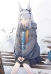  0_(znanimo) 1girl absurdres animal_ear_fluff animal_ears arknights bench black_skirt blush closed_mouth clothes_writing cup day eyebrows_visible_through_hair eyes_visible_through_hair feet_out_of_frame frostnova_(arknights) grey_eyes grey_hoodie hair_ornament hair_over_one_eye hairclip highres hood hood_up hoodie long_hair long_sleeves miniskirt outdoors rabbit_ears silver_hair sitting skirt smile snowman solo teacup teapot 