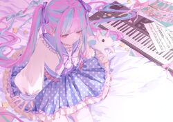  1girl asahi_rokka bang_dream! bed bow center_frills frills hair_ribbon hcq25535058 highres hikawa_hina instrument long_hair maruyama_aya multicolored_hair nyubara_reona on_bed piano poster_(object) ribbon sato_masuki shirasagi_chisato skirt socks solo tamade_chiyu twintails unicorn wakamiya_eve wakana_rei white_socks yamato_maya 
