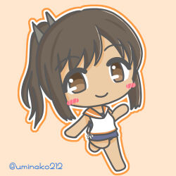  1girl bare_legs blue_one-piece_swimsuit blush brown_eyes brown_hair chibi commentary_request crop_top cropped_shirt full_body i-401_(kancolle) kantai_collection looking_at_viewer one-hour_drawing_challenge one-piece_swimsuit orange_background orange_outline orange_sailor_collar outline ponytail sailor_collar school_swimsuit shirt side-tie_shirt sidelocks simple_background sleeveless sleeveless_shirt smile solo swept_bangs swimsuit tan twitter_username umineko212 white_outline white_shirt 