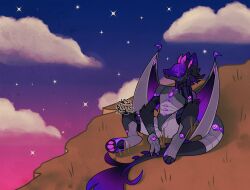  anthro character_art cliff creature cyberpunk digital_art dragon drawing fantasy furry illustration night_sky sitting stars sunset wings 