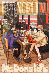  3boys 4girls akagi_ritsuko ayanami_rei blonde_hair blue_hair can commentary_request copyright_name drinking eva_00 eva_01 eva_02 father_and_son fuyutsuki_kouzou glasses green_sweater hair_slicked_back highres holding holding_can ikari_gendou ikari_shinji interface_headset katsuragi_misato long_hair multiple_boys multiple_girls neon_genesis_evangelion nike_(company) orange_hair purple_hair red_eyes shoes short_hair sitting sneakers socks souryuu_asuka_langley striped_clothes sweater takeuchi_ryousuke toy turtleneck turtleneck_sweater vertical-striped_clothes 