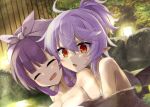  2girls akisome_hatsuka bat_wings blush breasts closed_eyes collarbone eyebrows_visible_through_hair hair_between_eyes large_breasts long_hair multiple_girls nude onsen open_mouth orange_eyes partially_submerged patchouli_knowledge pointy_ears purple_hair remilia_scarlet rock shared_bathing short_hair touhou upper_body wings 