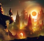  1other absurdres ambiguous_gender bloodborne blurry blurry_foreground city clouds cloudy_sky coat eclipse from_side hat highres holding holding_weapon house hunter_(bloodborne) kalmahul mountain saw_cleaver scarf sky solar_eclipse solo standing sunlight tricorne weapon 