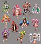  6+girls absurdres anklet barefoot black_hair blonde_hair braid brown_hair detached_sleeves dress duel_monster everyone flower gradient_hair green_eyes green_hair grey_background hair_flower hair_ornament hands_up hatano_kiyoshi highres horns jewelry leaning_forward long_hair low_twintails midriff multicolored_hair multiple_girls orange_hair pink_hair puffy_pants purple_hair redhead seiza short_hair simple_background sitting smile traptrix_allomerus traptrix_atrax traptrix_cularia traptrix_dionaea traptrix_genlisea traptrix_mantis traptrix_myrmeleo traptrix_nepenthes traptrix_rafflesia traptrix_sera traptrix_vesiculo twin_braids twintails very_long_hair white_hair yu-gi-oh! 