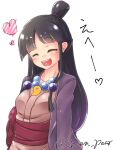  1girl ace_attorney black_hair blush breasts commentary_request hair_ornament half_updo japanese_clothes jewelry kimono long_hair magatama maya_fey necklace open_mouth partial_commentary shichiri simple_background smile solo white_background 
