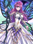  1girl absurdres black_sleeves blue_eyes breasts butterfly_wings commentary_request commission dress facial_mark fire_emblem fire_emblem_heroes flower hair_between_eyes hair_flower hair_ornament highres holding holding_staff kakiko210 large_breasts long_hair long_sleeves open_mouth purple_hair skeb_commission solo staff thorns triandra_(fire_emblem) white_dress wings 