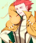  1boy :d absurdres alternate_color blush cape claws closed_eyes commentary_request dragonite green_background happy highres jacket lance_(pokemon) male_focus open_mouth orange_cape pokemon pokemon_(creature) pokemon_(game) pokemon_masters_ex redhead short_hair signature simple_background smile tongue yao_(evep3835) 