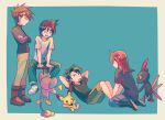  4boys aipom blue_oak boots brown_footwear brown_hair commentary_request crossed_arms ethan_(pokemon) flying_sweatdrops green_pants itome_(funori1) long_hair male_focus multiple_boys pants pichu pokemon pokemon_(creature) pokemon_adventures red_(pokemon) redhead shirt short_hair short_sleeves shorts silver_(pokemon) sit-up sitting sneasel spiky_hair stool t-shirt 