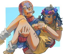  argyle_clothes argyle_sweater arm_tattoo armlet black_eyes black_hair blank_eyes blue_eyes bracelet carrying crop_top dark-skinned_female dark_skin dragona_joestar dreadlocks guido_mista hat head_wreath highres jewelry jojo_no_kimyou_na_bouken leg_warmers male_focus orange_romper princess_carry sex_pistols_(stand) shoes smooth_operators sneakers stand_(jojo) sweater tattoo the_jojolands trait_connection turtleneck uu0000322 vento_aureo 