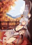  1girl autumn autumn_leaves blue_nails blue_sky breasts choker closed_eyes commission day dragon_girl dragon_horns english_commentary facial_mark falling_leaves fingernails flight_deck grey_hair highres horns japanese_clothes kimono large_breasts leaf long_hair maple_leaf naginata original polearm sharp_fingernails sitting sky sleeping solo tree very_long_hair virus-g weapon wide_sleeves yokozuwari 