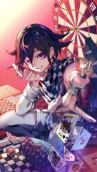  1boy arm_belt bishop_(chess) bishounen black_hair board_game card checkered_clothes checkered_scarf chess_piece chessboard colored_eyelashes commentary danganronpa_(series) danganronpa_v3:_killing_harmony dart dartboard dice eyelashes flipped_hair floating_card foreshortening hair_between_eyes highres holding holding_chess_piece holding_shogi_piece house_of_cards joker_(playing_card) king_(chess) king_(playing_card) knight_(chess) long_sleeves looking_at_viewer male_focus nota_sayaka oma_kokichi pants pawn_(chess) pink_background playing_card purple_hair queen_(chess) ringed_eyes rook_(chess) scarf shogi_piece short_hair sidelighting sitting smile solo sparkle straitjacket thigh_strap two-tone_scarf violet_eyes 