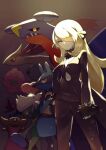  1girl black_coat black_pants black_shirt blonde_hair closed_mouth coat commentary_request cynthia_(pokemon) eyelashes fur-trimmed_coat fur_trim garchomp gastrodon gastrodon_(west) hair_ornament hair_over_one_eye highres long_hair long_sleeves looking_at_viewer lucario milotic pants pokemon pokemon_(creature) pokemon_(game) pokemon_dppt rindoriko roserade shirt smile spiritomb standing yellow_eyes 