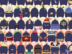  apple apple_on_head axe baozi bottle bow_(weapon) brown_shirt buttons character_request checkered_background cheese copyright_notice dual_wielding eggshell_hat food food_on_face fruit full_body guest_art hat helmet highres holding holding_axe holding_bow_(weapon) holding_shield holding_staff holding_sword holding_weapon k@ao leaf leaf_on_head logo looking_at_viewer maid_headdress mask masked milk_bottle no_humans official_art official_wallpaper panda_hat party_hat poop_on_head ragnarok_online shield shirt space_helmet staff sword weapon white_hood 