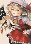  1girl ascot bangs banned_artist belt black_legwear blonde_hair blush bow breasts buttons center_frills crystal fangs flandre_scarlet frilled_shirt frilled_shirt_collar frilled_skirt frills hat hat_ribbon laevatein_(touhou) mob_cap one_side_up open_mouth puffy_short_sleeves puffy_sleeves red_bow red_ribbon red_skirt red_vest ribbon shirt short_hair short_sleeves simple_background skirt solo teeth thigh-highs tongue touhou upper_teeth vest white_background white_shirt wings wrist_cuffs yellow_ascot yellow_eyes zairen 