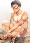  1boy :o bangs black_hair blue_eyes blush glasses indian_style konpenpen leg_hair looking_at_viewer male_focus nipples nude on_ground open_mouth original own_hands_together pectorals shoes short_hair sitting sneakers solo tan tanlines thick_thighs thighs toned toned_male 