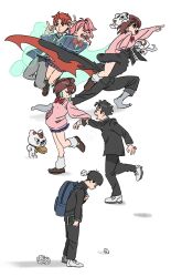  2boys 2girls alternate_form ayase_momo cat dandadan glasses highres jin_enjoji multiple_boys multiple_girls psychic round_eyewear shiratori_aira_(dandadan) simple_background takakura_ken_(dandadan) tokoro_semashi transformation turbo_granny white_hair 