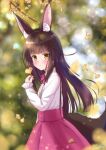  1girl :o alternate_costume animal_ear_fluff animal_ears azur_lane bangs black_hair blunt_bangs blush center_frills falling_leaves falling_petals fox_ears fox_girl fox_tail frilled_sleeves frills from_side high-waist_skirt hime_cut leaf long_hair long_sleeves looking_at_viewer m_ko_(maxft2) nagato_(azur_lane) neck_ribbon outdoors petals red_ribbon red_skirt ribbon shirt skirt sleeves_past_wrists solo standing tail upper_body white_shirt yellow_eyes 