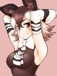  &gt;:) 1girl armpit_focus armpits arms_behind_head arms_up bow bowtie brown_eyes brown_hair brown_shirt closed_mouth commentary_request detached_sleeves hair_between_eyes kemono_friends looking_at_viewer medium_hair morino_(morino03) multicolored_hair necktie ocelot_print okapi_(kemono_friends) okapi_ears pink_background presenting_armpit print_sleeves shirt simple_background sleeveless sleeveless_shirt smile smug solo upper_body v-shaped_eyebrows white_hair 