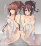  2girls black_hair blush breasts brown_eyes brown_hair closed_mouth collarbone flower hair_flower hair_ornament highres kantai_collection kasumi_(skchkko) large_breasts long_hair multiple_girls nagato_(kancolle) naked_towel parted_lips pink_flower sitting towel yamato_(kancolle) 