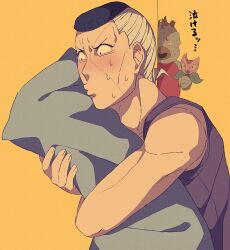  2boys black_hair blush diamond_wa_kudakenai grey_hair highres hugging_object jojo_no_kimyou_na_bouken male_focus monster_boy multicolored_hair multiple_boys nijimura's_father nijimura_okuyasu o3o pillow pillow_hug plant pompadour siniy stand_(jojo) stray_cat_(jojo) tank_top two-tone_hair 