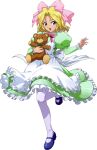  1girl :d apron blonde_hair blue_eyes blue_footwear blush bow bowtie frilled_sleeves frills full_body green_shirt green_skirt hair_bow hair_intakes highres holding holding_stuffed_toy iris_chateaubriand layered_skirt long_hair long_skirt long_sleeves looking_at_viewer mary_janes official_art pink_bow pink_bowtie sakura_taisen shiny shiny_hair shirt shoes skirt smile solo standing standing_on_one_leg stuffed_animal stuffed_toy teddy_bear transparent_background white_apron white_legwear 