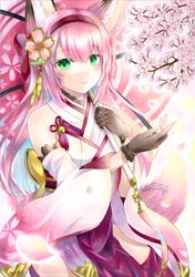  1girl absurdres animal_ear_fluff animal_ears azur_lane bare_shoulders brown_gloves detached_sleeves eyebrows_visible_through_hair flower gloves green_eyes hair_ornament hanazuki_(azur_lane) highres holding holding_umbrella japanese_clothes kimono long_hair marker_(medium) oil-paper_umbrella pink_flower pink_hair pink_umbrella solo traditional_media umbrella whipberry white_kimono 