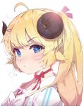  1girl :t ahoge andychen animal_ears bangs blonde_hair blue_eyes blush bow bowtie choker eyebrows_visible_through_hair from_side hair_ornament hairclip highres hololive horns long_hair looking_at_viewer looking_to_the_side portrait pout red_choker revision ribbon_choker sailor_collar sheep_ears sheep_girl sheep_horns simple_background solo tsunomaki_watame v-shaped_eyebrows virtual_youtuber white_background white_bow white_bowtie white_sailor_collar 