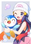  1girl ;d beanie black_hair blue_eyes blush blush_stickers border bubble closed_eyes commentary eyelashes floating_scarf hair_ornament hairclip happy hat highres hikari_(pokemon) holding holding_pokemon long_hair maruyama_en one_eye_closed open_mouth pink_skirt piplup pokemon pokemon_(creature) pokemon_(game) pokemon_dppt red_scarf scarf shirt skirt sleeveless sleeveless_shirt smile tongue white_border white_headwear 