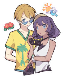  1boy 1girl baseball_cap blonde_hair blue_eyes collarbone cropped_torso dark-skinned_female dark_skin dexio_(pokemon) haconeri hat looking_at_viewer looking_over_eyewear mega_ring parted_lips pokemon pokemon_sm purple_hair shirt simple_background sina_(pokemon) sunglasses unworn_eyewear v-neck white_background yellow_shirt 