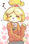  1girl ^_^ animal_crossing animal_ears animal_nose bangs blonde_hair blush body_fur buttons cardigan clenched_hand closed_eyes closed_mouth collared_shirt commentary_request diamond_(symbol) dog_ears dog_girl dog_tail eyebrows_visible_through_hair flat_chest furry furry_female green_skirt hair_tie hand_up happy isabelle_(animal_crossing) long_sleeves musical_note noruu_(retain) orange_cardigan parted_bangs shiny shiny_hair shirt short_hair simple_background sketch skirt smile solo spoken_musical_note standing tail tied_hair topknot two-tone_background two-tone_fur upper_body white_background white_fur white_shirt yellow_fur 