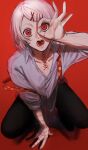  1boy :o absurdres androgynous arm_support bangs black_pants collarbone grey_background hair_ornament hairclip highres looking_at_viewer male_focus ok_sign ok_sign_over_eye pants red_background red_eyes shirt short_hair simple_background solo squatting stitches suspenders suzuya_juuzou teeth tian_lu tokyo_ghoul white_hair x_hair_ornament 