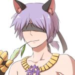  1boy animal_ear_fluff animal_ears bangs black_blindfold black_gloves blindfold cat_ears cattail closed_mouth commentary_request gauntlets gloves jewelry light_purple_hair male_focus mouth_hold natsuya_(kuttuki) necklace plant ragnarok_online short_hair short_ponytail simple_background smile solo stalk_in_mouth sura_(ragnarok_online) topless_male upper_body white_background 