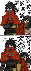  >_< 1boy 1girl belt black_hair black_pants black_shirt blowing_nose blush clawed_gauntlets cloak crop_top crossed_arms crying final_fantasy final_fantasy_vii final_fantasy_vii_rebirth final_fantasy_vii_remake green_headband green_shirt hair_between_eyes headband highres long_hair midriff multiple_belts open_mouth pants red_cloak red_eyes red_headband s_m_man shirt short_hair single_shoulder_pad tears upper_body vincent_valentine white_background yuffie_kisaragi 