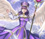  1girl :d angel_wings breasts commentary_request dress eremiya fire_emblem fire_emblem:_new_mystery_of_the_emblem fire_emblem_heroes hat highres holding holding_staff kakiko210 long_dress looking_at_viewer medium_breasts medium_hair purple_dress purple_hair purple_headwear smile solo staff violet_eyes white_feathers white_veil white_wings wings 