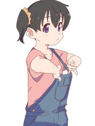  backpack bag black_hair bluearcadegames blush closed_mouth clothes_pull collarbone denim hair_ornament highres kuraue_hinata looking_at_viewer overalls overalls_pull pink_shirt pulling_own_clothes scrunchie shirt short_hair short_sleeves solo standing twintails violet_eyes white_background yama_no_susume 