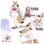 1girl ? all_fours animal_ears beret bike_shorts black_ribbon black_shorts breasts commentary_request crop_top fox_ears fox_girl fox_tail grey_hair hair_ribbon hat highres huge_breasts hurdle island_fox_(kemono_friends) kemono_friends kemono_friends_v_project long_hair midriff multicolored_hair multiple_views orange_hair paddle red_headwear ribbon running short_sleeves shorts simple_background stretch table_tennis table_tennis_paddle tail translation_request very_long_hair virtual_youtuber white_background white_hair yellow_eyes yoshida_hideyuki