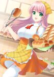  1girl :d apron atsukan bakery bangs bread breasts collared_shirt dress_shirt eyebrows_visible_through_hair floating_hair food frilled_apron frills garter_straps green_eyes high-waist_skirt holding indoors large_breasts long_hair looking_at_viewer miniskirt orange_skirt original pink_hair plaid plaid_apron pleated_skirt red_neckwear shiny shiny_hair shirt shop skirt smile solo standing swept_bangs thigh-highs very_long_hair waist_apron white_legwear white_shirt wing_collar yellow_apron 