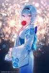  1girl blue_eyes blue_hair blue_kimono blurry blurry_background candy candy_apple character_request commentary_request copyright cowboy_shot eyebrows_visible_through_hair eyes_visible_through_hair fireworks fish floral_print food from_side goldfish hair_between_eyes hair_ornament hairband highres holding holding_candy holding_food japanese_clothes kimono lens_flare light_blush light_particles long_sleeves looking_at_viewer mask miwano_ragu obi parted_lips sash short_hair snowflake_hair_ornament solo standing wide_sleeves yukata 