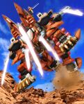  blade claws clouds cloudy_sky commentary fangs from_above jumping liger_zero_schneider mecha no_humans photo_background red_eyes robographer rock running sky smoke solo weapon zoids zoids_shinseiki/zero 