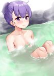 1girl absurdres blush breasts closed_mouth collarbone eyebrows_visible_through_hair hair_between_eyes highres looking_at_viewer onsen partially_submerged purple_hair rock short_hair small_breasts smile solo tenneko_yuuri violet_eyes vocaloid voiceroid white_background yuzuki_yukari 