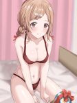  between_legs blush bow breasts brown_eyes brown_hair closed_mouth collarbone commentary drill_hair hair_ornament hair_ribbon hairclip hand_between_legs idolmaster idolmaster_shiny_colors indoors long_hair looking_at_viewer medium_breasts mm_(pomeme4) navel on_bed red_bow red_ribbon ribbon sakuragi_mano sitting smile twin_drills twintails underwear underwear_only 